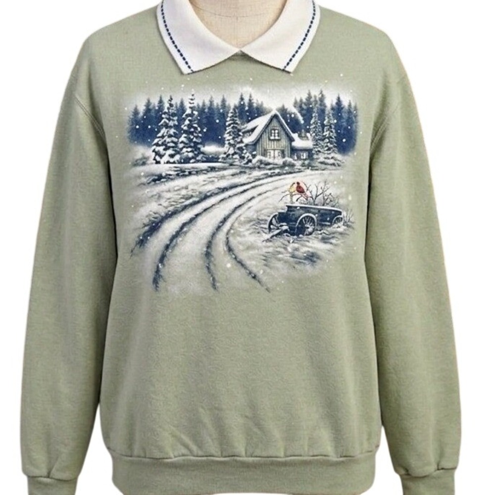 VTG Day Breeze Vintage‎ Cabin Winter Scene Sweatshirt Sage Green Double Collar L